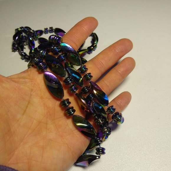 vintage 80s 3 piece iridescent oil slick layering necklaces brooch set - Picture 9 of 12